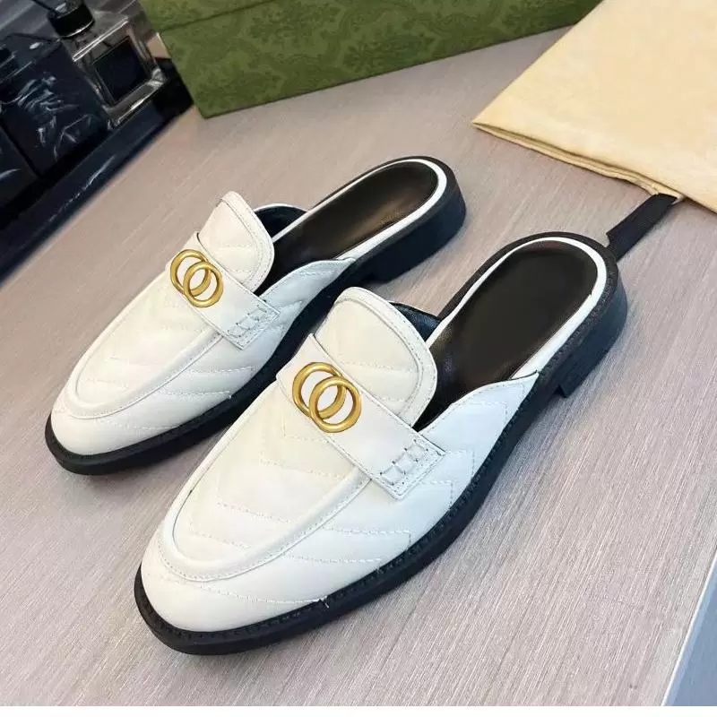 Dress shoes designer SHoes leather Metal buckle women shoe Flat boat shoes Lady wool slipper Mules Princetown Trample Lazy Loafers slippers size 34-41-42 With box