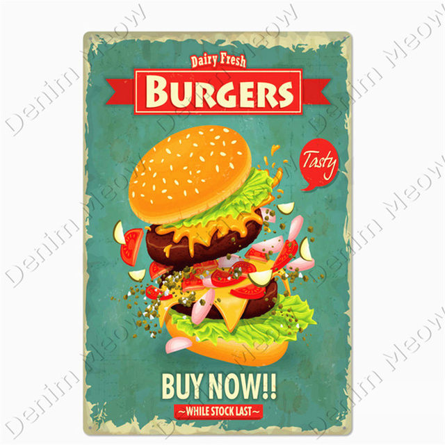 Vintage Kitchen Rules Plack Burgers Fries Metal Tin Sign Cafe Home Room Decor Fast Food Metal Plate Dinning Wall Poster 30x20cm W03