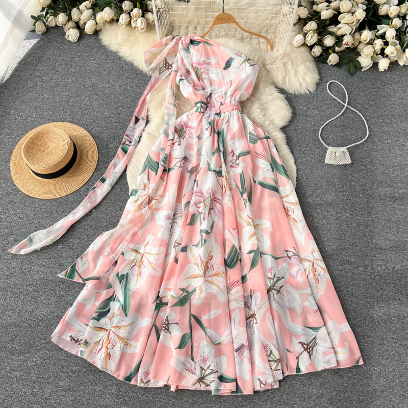 Open Back Suspender Chiffon Printed Dress Female Bohemian Seaside Holiday Style Robes Pleated Fairy First Love Vestidos 2023