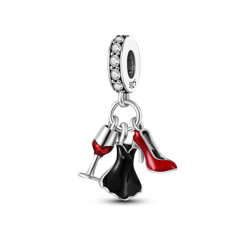 925 Sterling Silver Charm for Pandora New Sponge Baby Dress High Heels Red Wine Cup Pendant DIY Beaded Girl