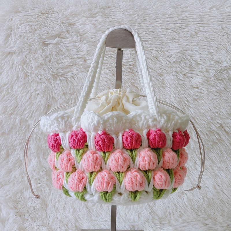 Fashion Knitted Vest Women's Shoulder Bag Flowers Summer Beach Totes Crochet Bag knitting Flowers Female Bucket Handbag Shopper 230304