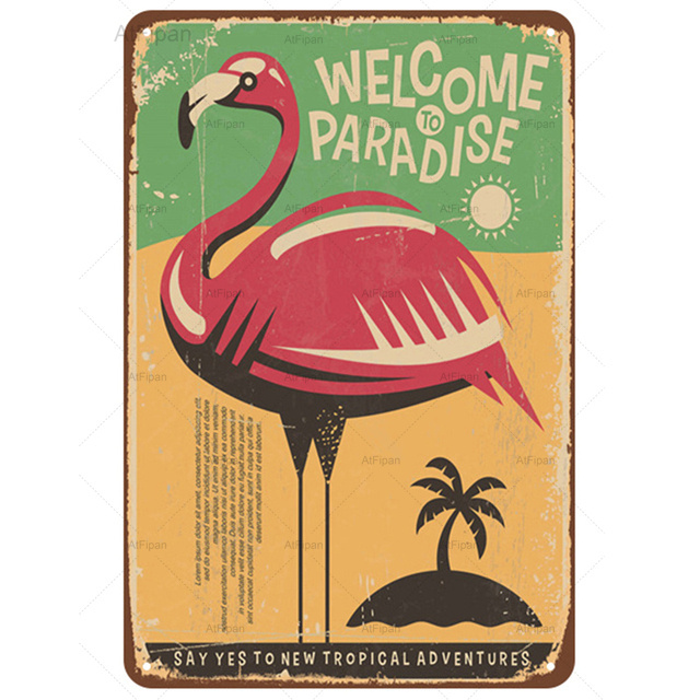 Cartoon Flamingo plakietka emaliowana plakat Vintage zwierząt metalowa plakietka emaliowana sfatygowany szykowny wystrój Bar Club House Yard dekoracje ścienne płyta żeliwna spersonalizowane malowanie 30X20CM w01