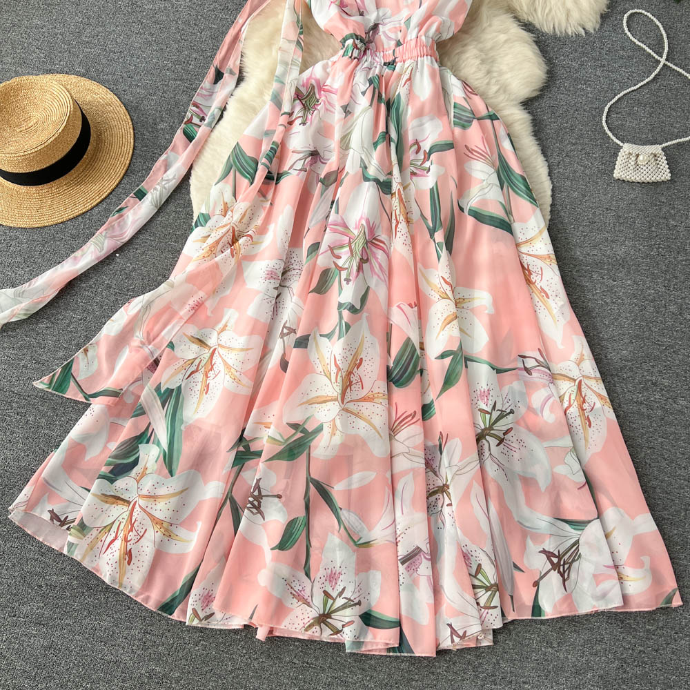 Open Back Suspender Chiffon Printed Dress Female Bohemian Seaside Holiday Style Robes Pleated Fairy First Love Vestidos 2023