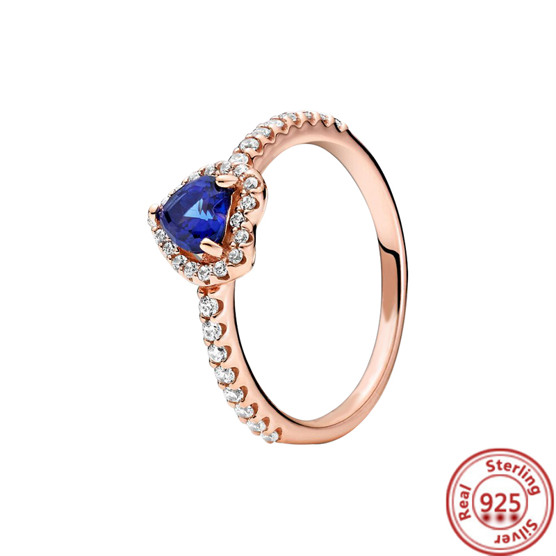 925 Silver Women Fit Pandora Ring Original Heart Crown Fashion Rings Blue Gemstone Series Sparkling Round Lucky