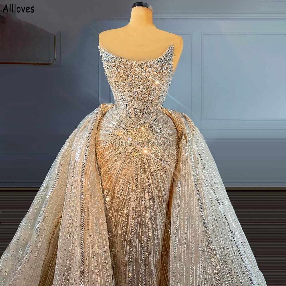 Stunning Crystals Sequined Mermaid Wedding Dresses With Detachable Train Strapless Dubai Arabic Moroccan Turkey Bridal Gowns Trumpet Robes de Mariee CL1928