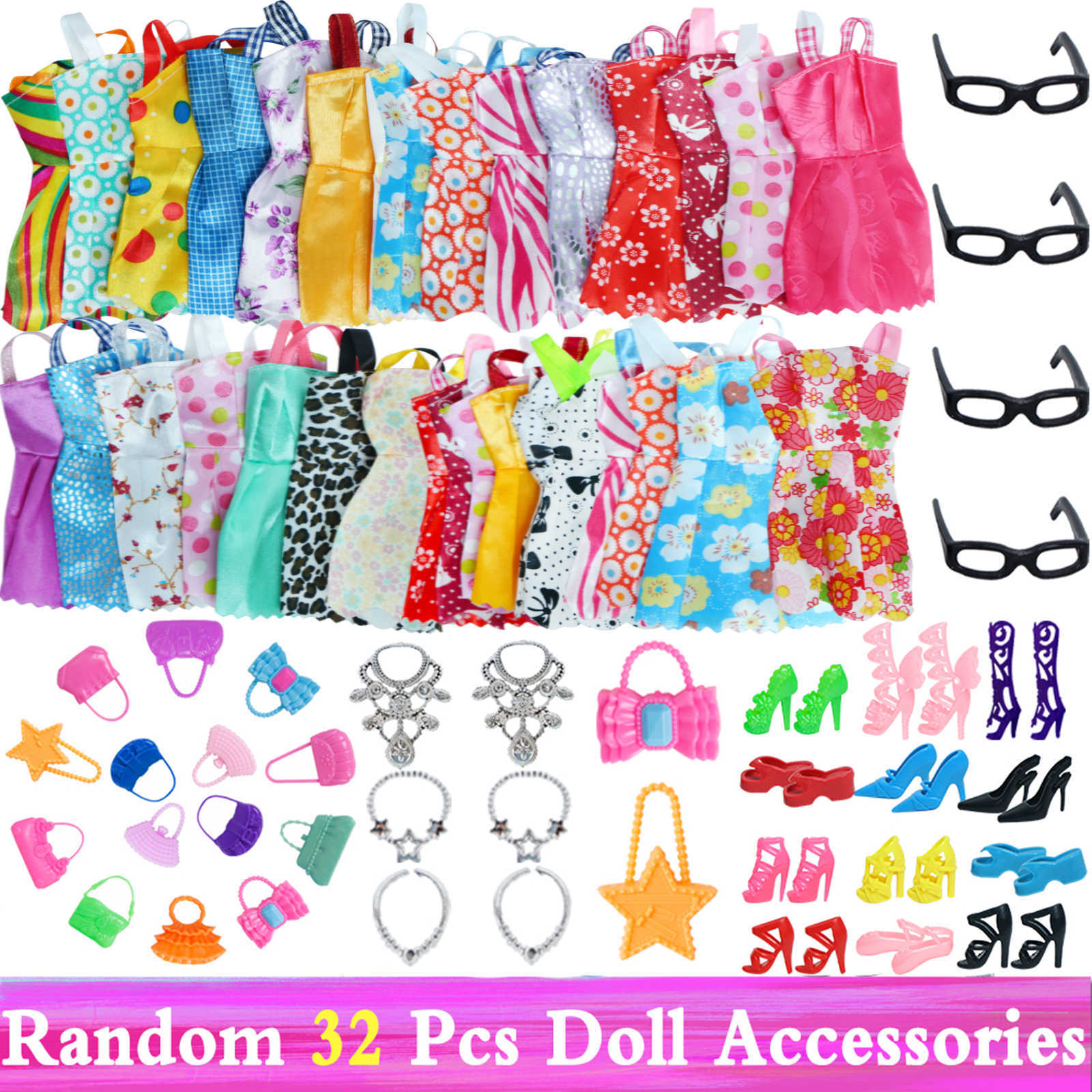 Willekeurige poppenkledingaccessoires voor Barbie American Girl Shoes Boots Mini Dress Handtassen Kronen Hangers bril Kleding Groothandel Kids speelgoed