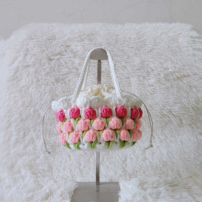 Fashion Knitted Vest Women's Shoulder Bag Flowers Summer Beach Totes Crochet Bag knitting Flowers Female Bucket Handbag Shopper 230304