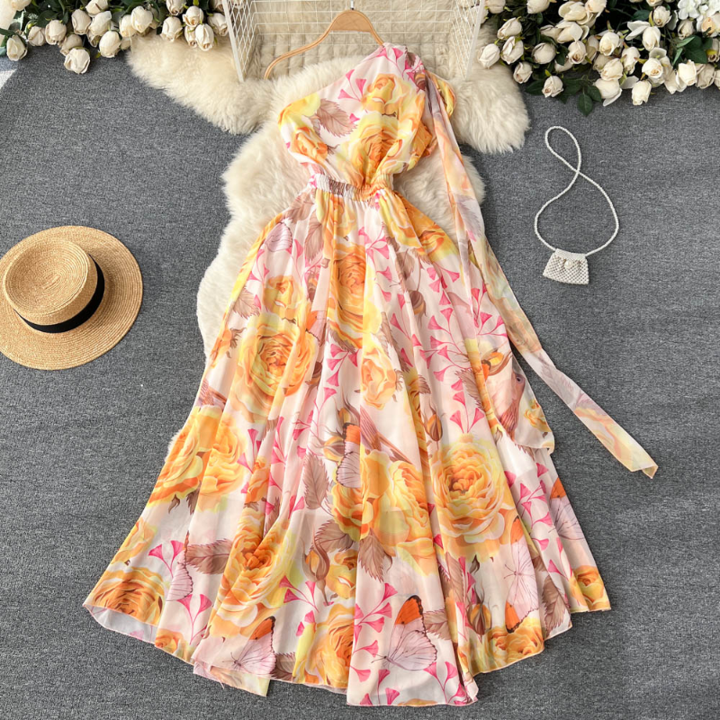 Open Back Suspender Chiffon Printed Dress Female Bohemian Seaside Holiday Style Robes Pleated Fairy First Love Vestidos 2023