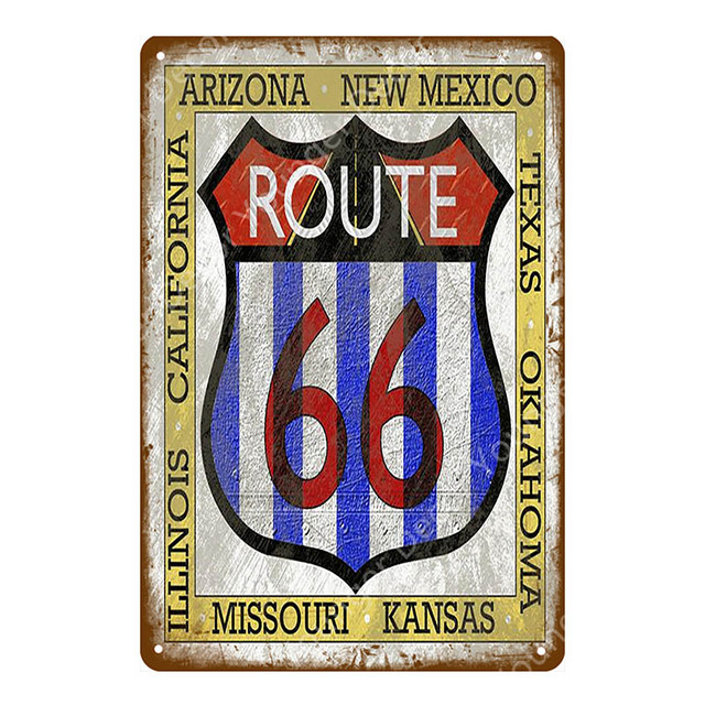 US Route 66 Kunst-Blechdekor, die 66 Vintage-Metallschilder, American Road, Auto, Motorräder, Teller, Wandposter, Pub, Bar, Club, Heimdekoration, Garage, Dekoration, Größe 30 x 20 cm, W02