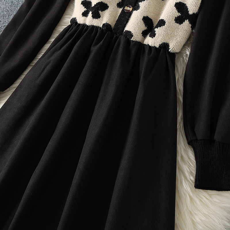 2023 printemps noir contraste couleur Floral lambrissé robe tricotée à manches longues revers cou boutons Midi robes décontractées M3M03B690
