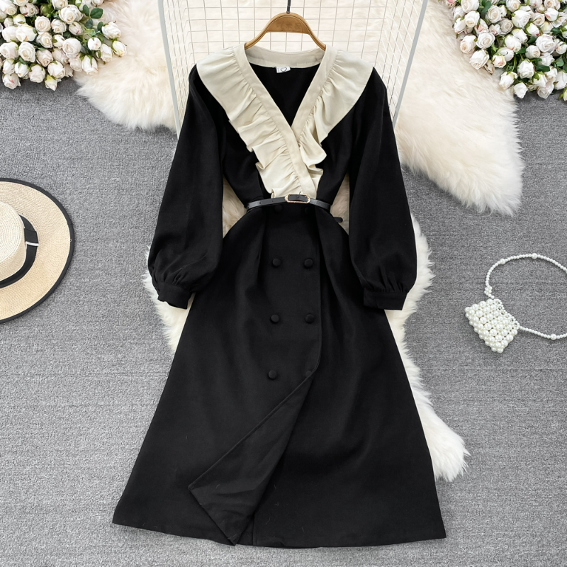Vintage Casual Dresses Vestidos De Mujer Elegant V Neck Contrast Color Patchwork Ruffles Robe Femme Belt Slim Waist Double Breasted Dresses 2023