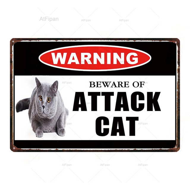 Warnung Blechschild Vorsicht vor angreifenden Katzenschildern Dekoratives Shabby-Chic-Metallblechschild Wand Cattery Bar Home Art Pet Shop Craft Decor benutzerdefinierte Schilder für den Außenbereich aus Metall 30 x 20 cm w01