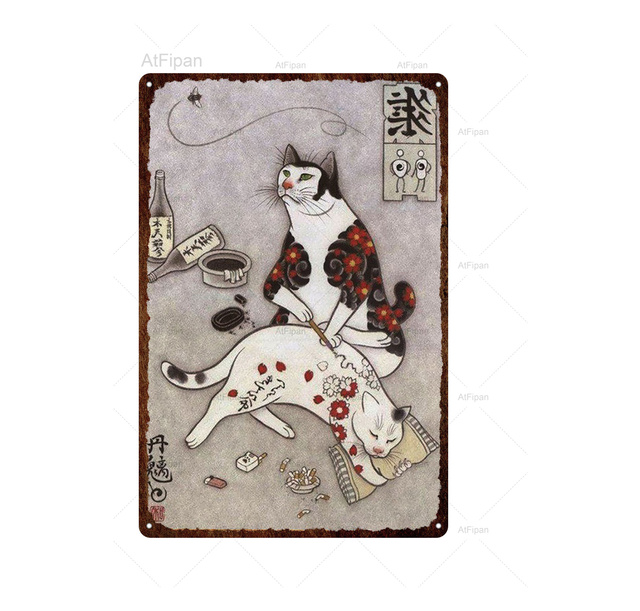 Japonês Samurai Cat Poster Tattoo Cat Metal Painting Pet Sign Metal Animal Tin Sign Vintage Plates For Wall Art Retro Home Decor personalizado Painting 30X20CM w01