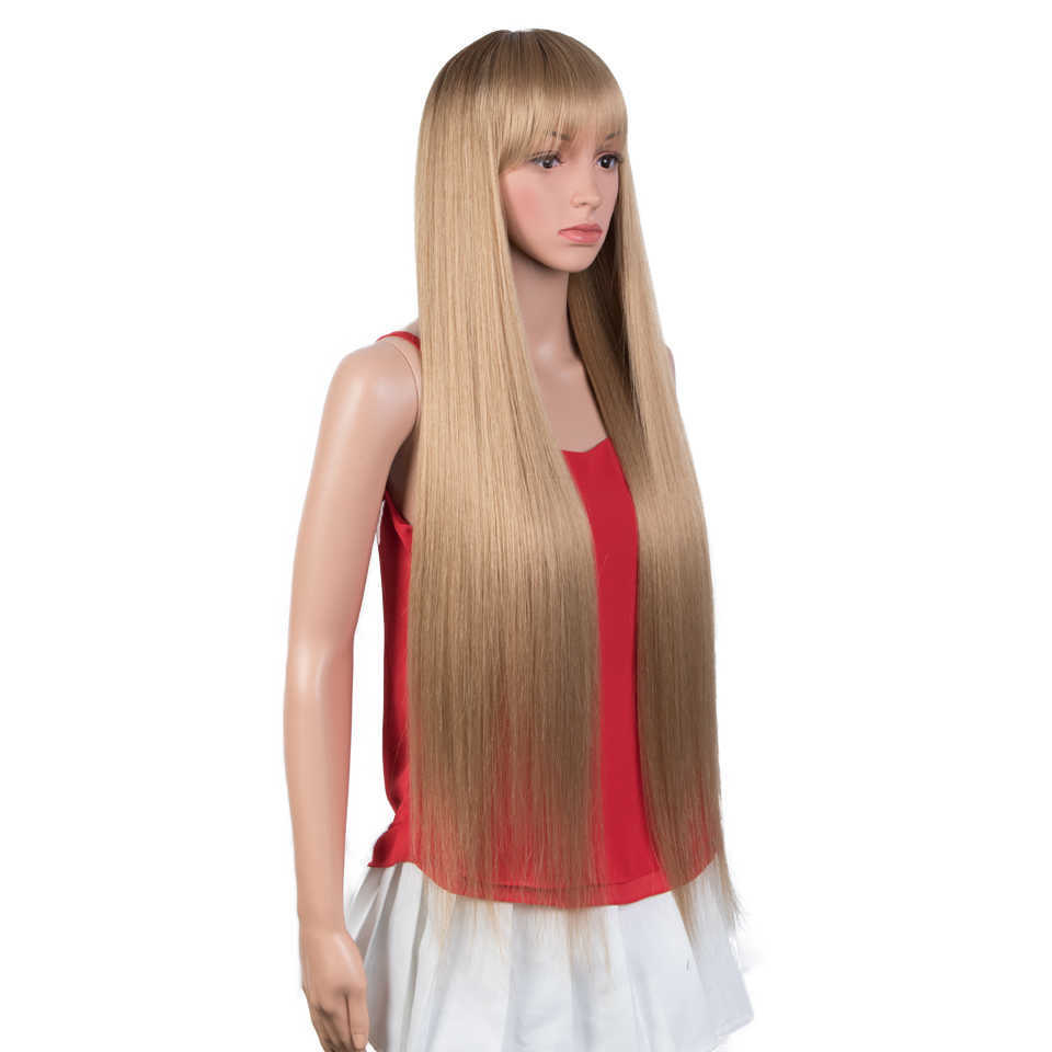 Synthetic Wigs Fashion Idol 38 Inch Bangs Long Straight Synthetic Wigs for Women Ombre Brown Wine Red Heat Resistant Cosplay 230227