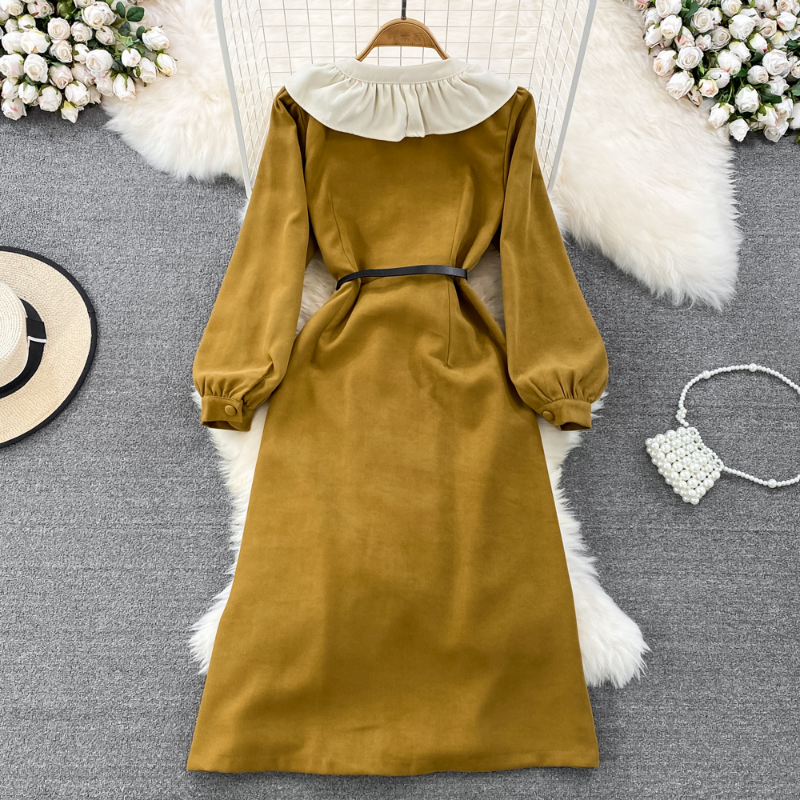 Vintage Casual Elbiseler Vestidos de Mujer Zarif V Boyun Kontrast Renk Patchwork Ruffles Çöp Femme Kemer İnce Bel Çift Göğüslü Elbiseler 2023
