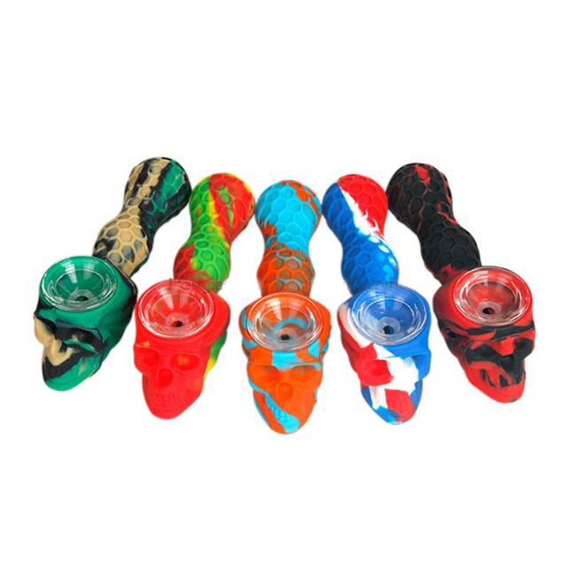 Tuyaux de style crâne en silicone coloré Herbe Tabac Huile Rigs Cachette Verre Trou Filtre Bol Portable Pipes À Main Fumer Cigarette Paille À La Main Cuillère Support Tube