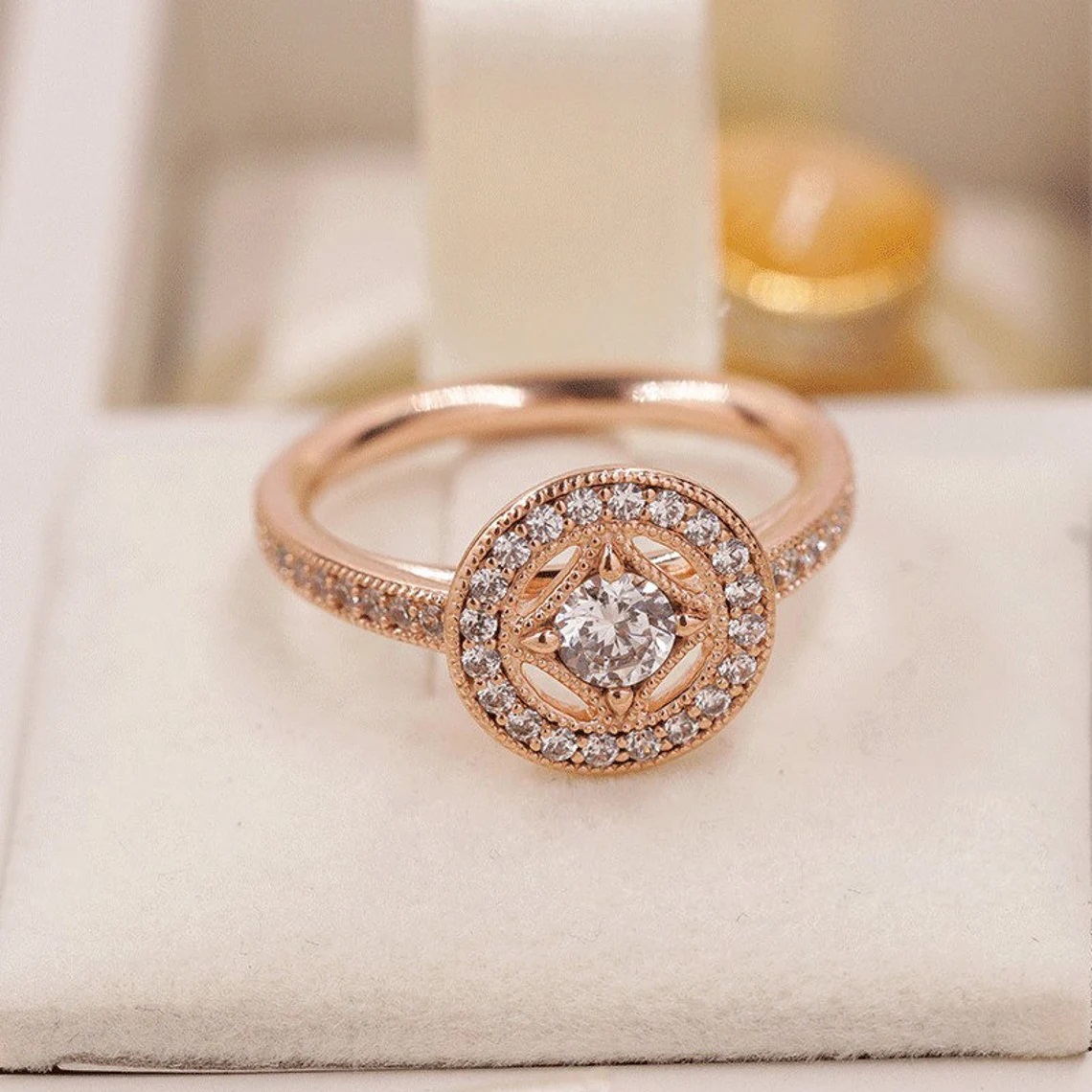 Rose Gold Plated Vintage Allure Ring med Clear CZ Fit Pandora Jewelry Engagement Wedding Lovers Fashion Ring