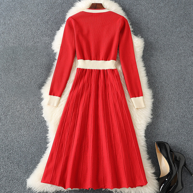 2023 Spring Red Contrast Color Panel Packe Dress Långärmad rund halsknappar MIDI Casual Dresses M3M03B696