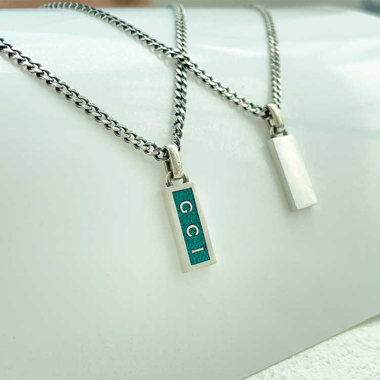 80% OFF 2023 New Luxury High Quality Fashion Jewelry for Silver Double enamel green bar vertical rectangle masculine and feminine temperament Necklace high version