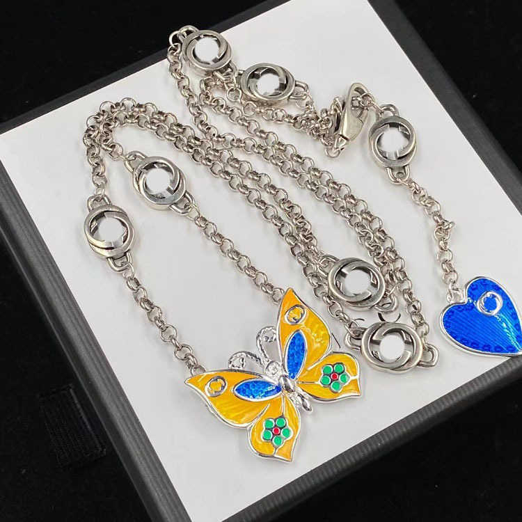 95% OFF 2023 New Luxury High Quality Fashion Jewelry for Double Heart Butterfly Gel Drop Necklace Brass Versatile Sweater Chain