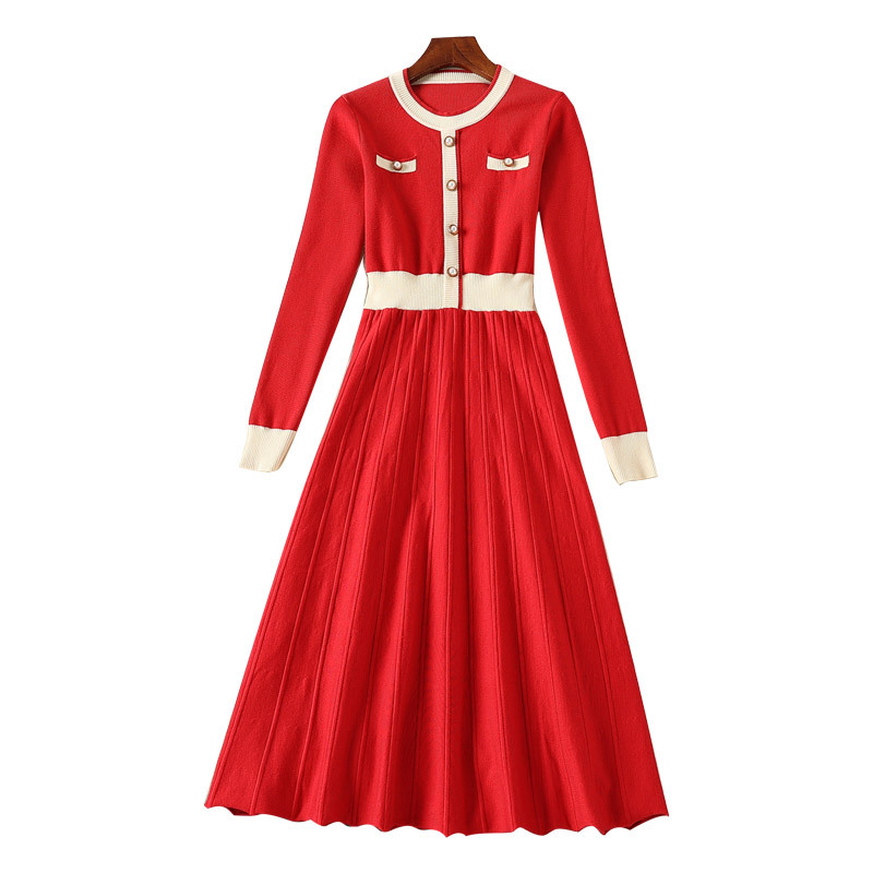 2023 Spring Red Contrast Color Panel Packe Dress Långärmad rund halsknappar MIDI Casual Dresses M3M03B696