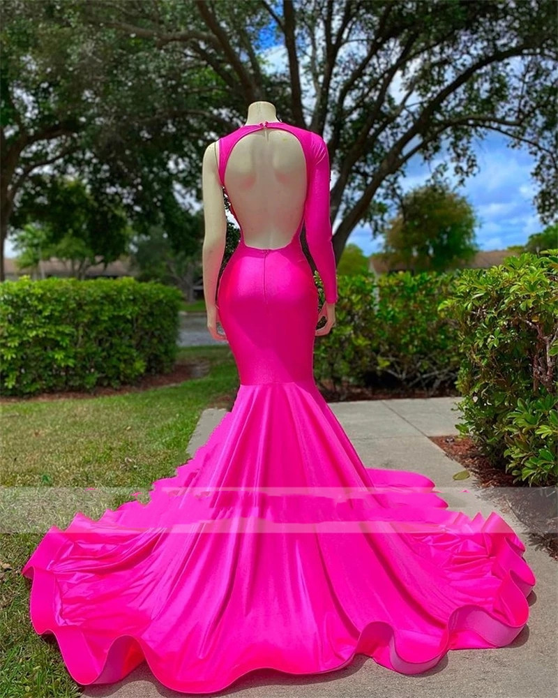 Hot Pink Sheer O Neck Long Prom Dress For Black Girls Beaded Birthday Party Dresses Mermaid Formal Gown Pleats Evening Gowns Robe