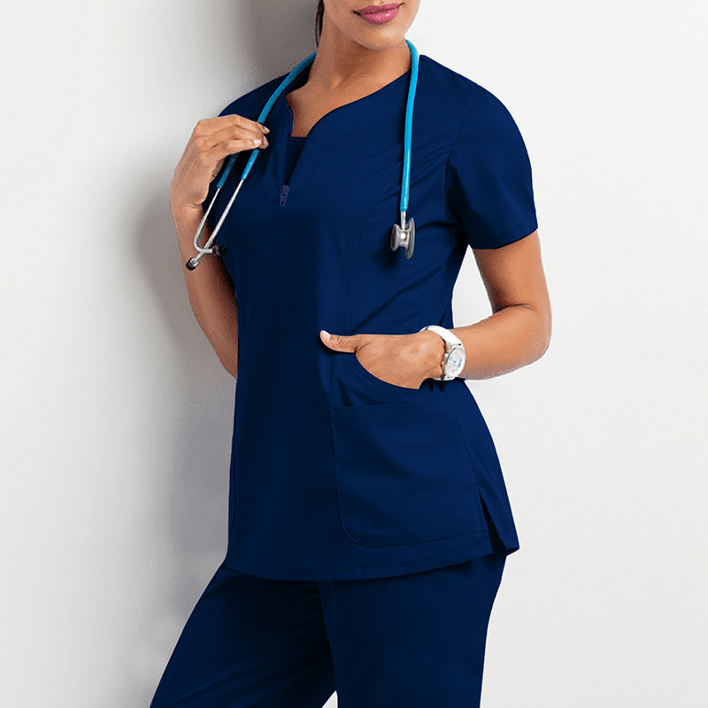 Eithexu Women's Two Piece Sets Pants and Tops High Quality Special Neck with Zipper Nurse Medical Scrub Uniform Salon Clothing