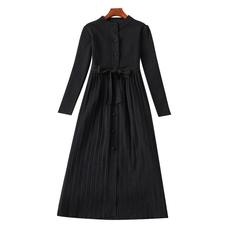 2023 Spring Black Solid Color Belted Sticked Dress Long Sleeve Round Neck Pleated Midi Casual Dresses M3M03B712