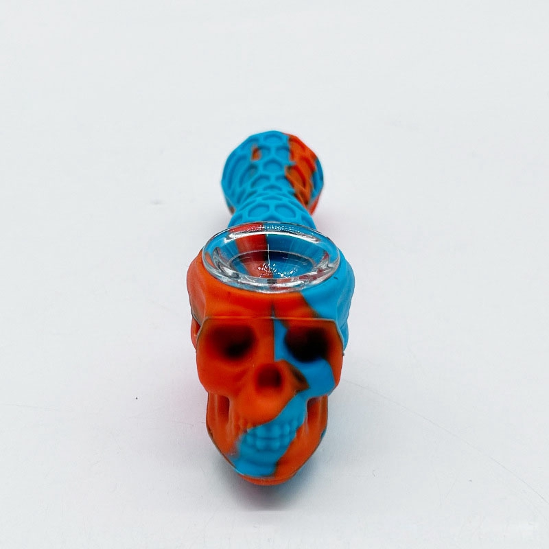 Nieuwste kleurrijke siliconen schedelstijl pijpen kruid tabak olieliks stash case glazen gat filterkom draagbare handpipes roken sigaretten hand stro lepel houder buis