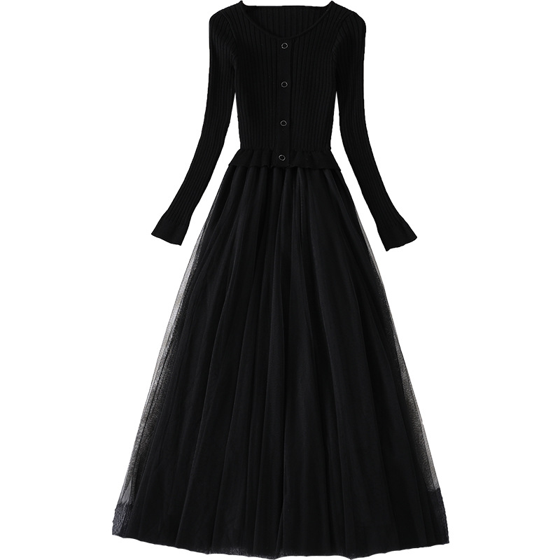 2023 Spring Black Paneled Sticked Tulle Dress Solid Color Long Sleeve Round Neck Belted Midi Casual Dresses M3M03A368