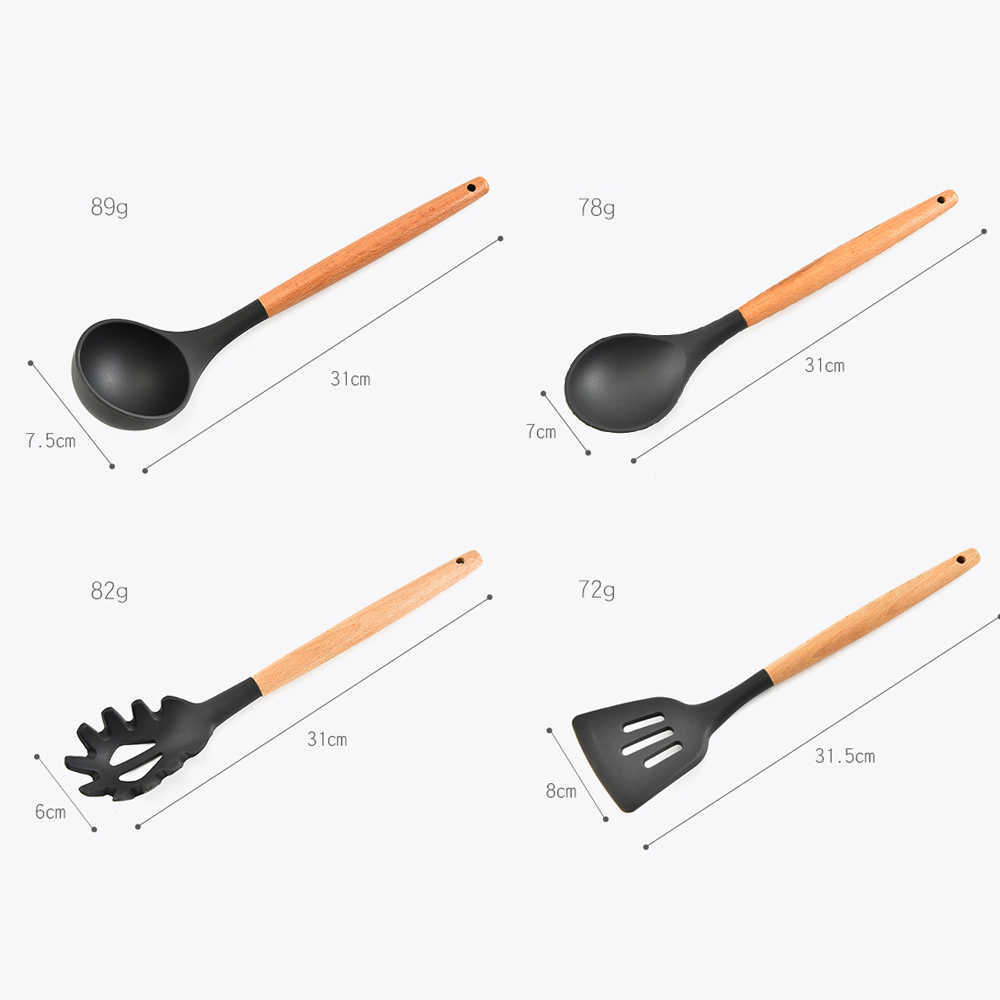 Nieuw beste siliconen kookgerei Set houten handvat spatula soep lepel borstel borstel pollepel pasta vergiet non-stick kookgereedschap keukengereedschap