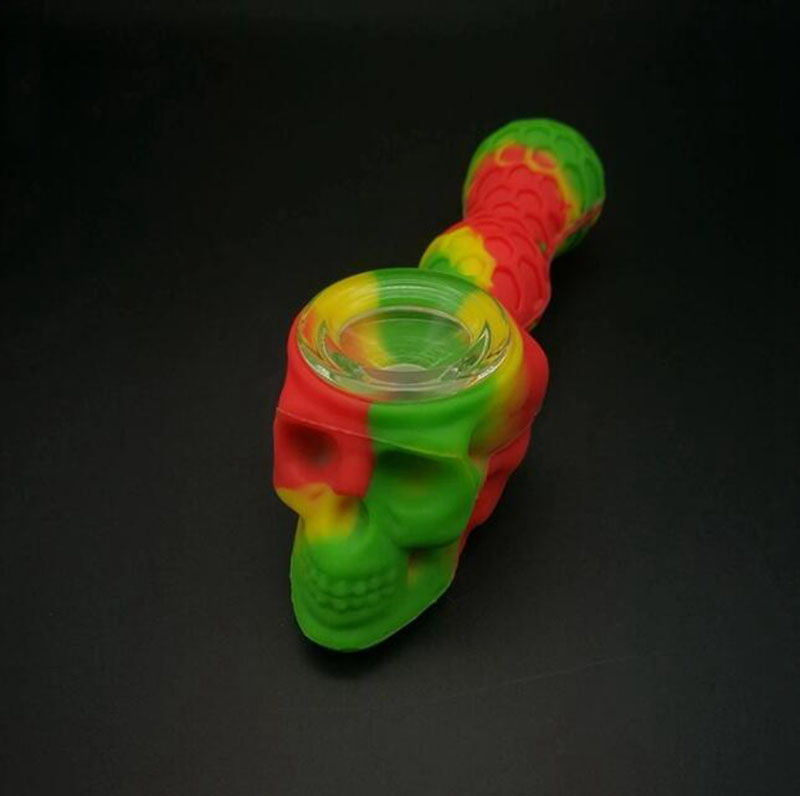 Multifonctionnel Coloré Silicone Crâne Style Pipes Herbe Tabac Huile Rigs Stockage Cachette Verre Trou Filtre Bol Fumer Cigarette Paille Cuillère Titulaire DHL