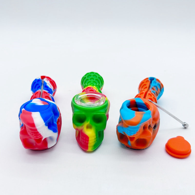 Múltiplos usos usos coloridos de silicone cool skull estilo tubo de erva tabaco plataforma de óleo de armazenamento capa de capa de vidro filtro tigela fumando cigarro colher spoter dhl