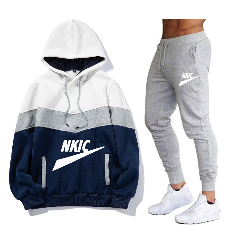 Men Brand LOGO Tracksuit Casual Set Male Joggers Hooded Sportswear Jackets Pants Sets Splice Running Sports Suit Plus Size S-3XL