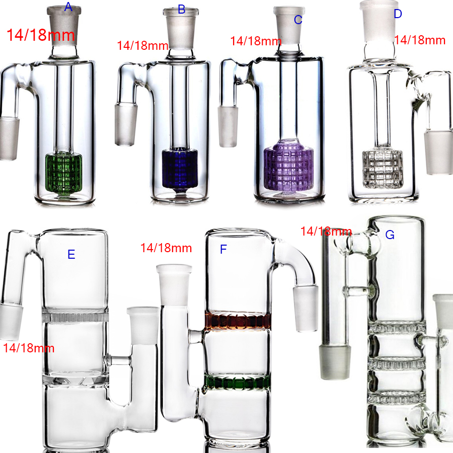 18mm Ash Catcher Hookahs Óculos Single Ashcatcher 12 braço braço árvore perc 14 mm juntas coletor de fumaça direita Bongos de vidro 14mm