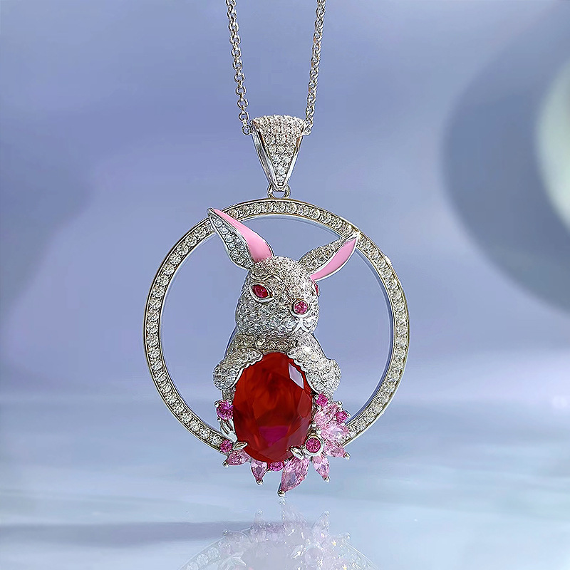 Elegante coniglio rubino ciondolo di diamanti 100% vero argento sterling 925 pendenti di nozze collana le donne regalo di gioielli chocker
