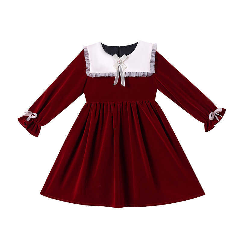 Girl's Dresses Spring Velvet Long-sleeved Red Girl's Dress Elegant Wedding Bow Birthday Party Princess Dresses Evening Gown Graduation Clothes