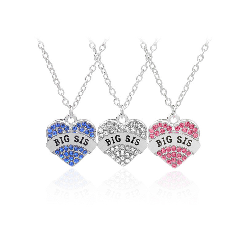 Big Little Middle Baby Sis Lettres Coeur Pendentifs Collier De Créateur Femme Sud-américain Rose Bleu Strass Chaîne En Argent Colliers Bijoux De Mode Cadeau De Famille