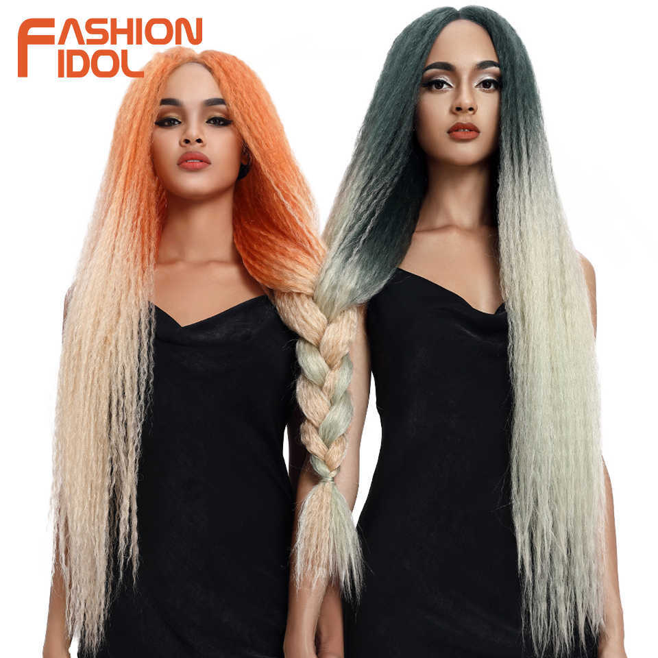 Synthetische pruiken mode -idool afro kinky recht haar weefsel lange gevlochten pruik cosplay 38 inch kanten voor zwarte vrouwen ombre roze groen 230227