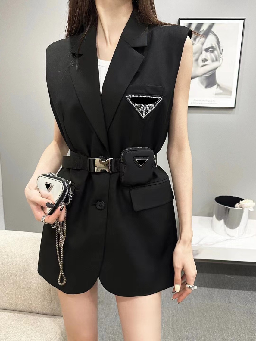 New Womens Vests Triangle Sticking Drill Sleeveless Coats Suit Jacket Slim Adjustable Waist Belt Spring Winter Down Vest Outerwear SML