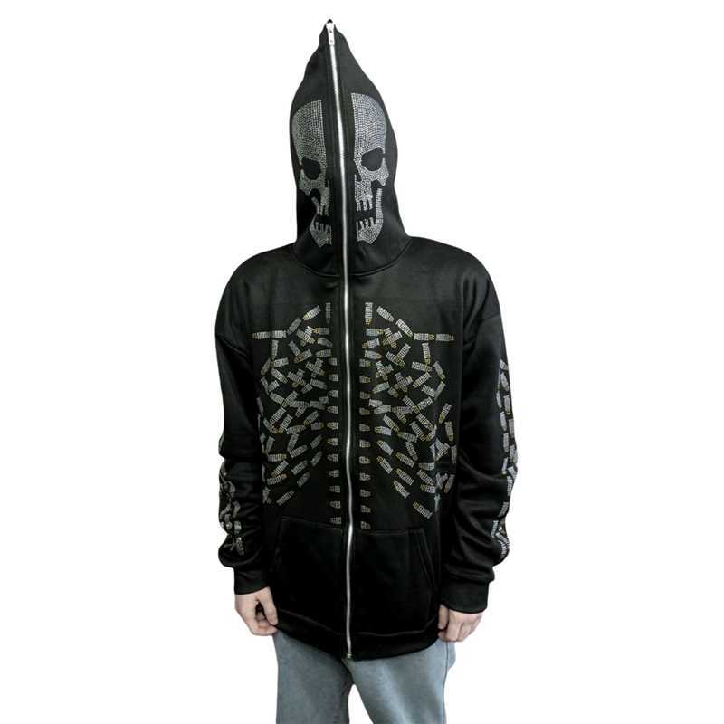 Women's Hoodies Sweatshirts E-girl Dark Academia Grunge Zip Up Sweatshirt Punk Style Gothic Rhinestone Skull Spider Print Hooded Autumn Coat Top Y2K Emo W0306