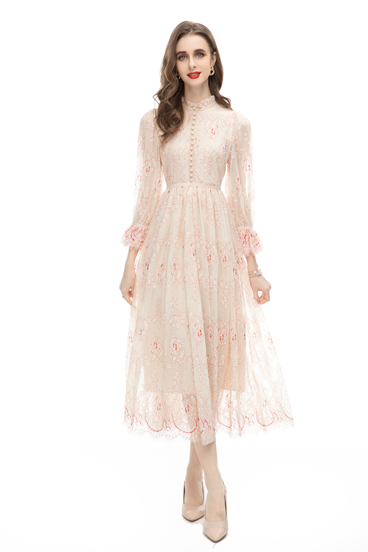 Women's Runway Dresses Ruffled Collar Long Sleeves Embroidery High Street Fashion Vestidos Party Prom