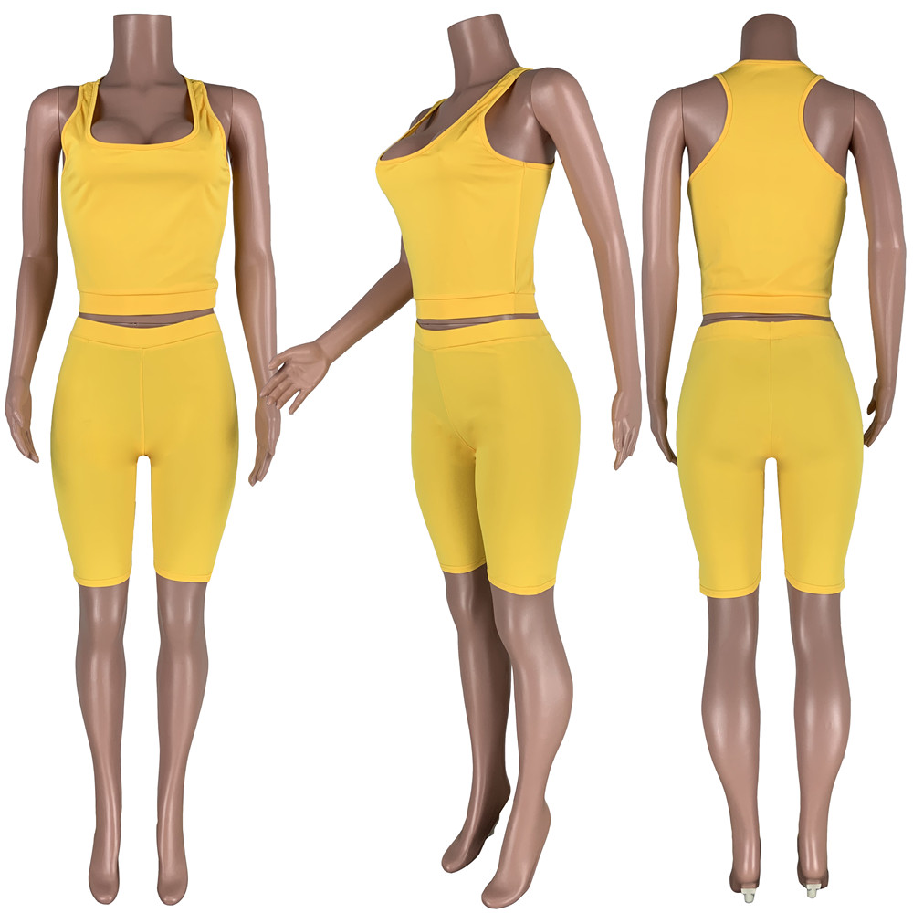 designer Bulk Wholesale Two Piece Sets Solid Sleeveless U Neck Vest Top Elastic Pencil Biker Shorts Suit Sports Tracksuits 9399