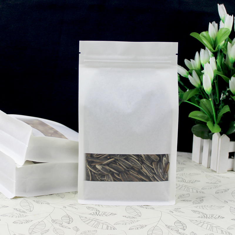 3D White Stand Up Paper Window Packaging Bags Reusable Sealed Snack Biscuits, Tea Coffee Flavors, Sugar Nuts Storage Bags, Household Storage Bags