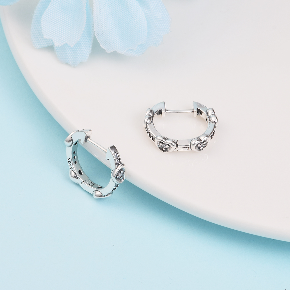 925 Sterling Silver Hoop Earrings Radiant Sparkling Hearts Earrings Fits European Pandora Style Jewelry Fashion Earrings