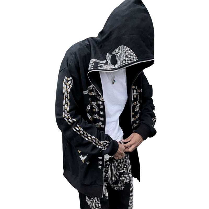 Women's Hoodies Sweatshirts E-girl Dark Academia Grunge Zip Up Sweatshirt Punk Style Gothic Rhinestone Skull Spider Print Hooded Autumn Coat Top Y2K Emo W0306