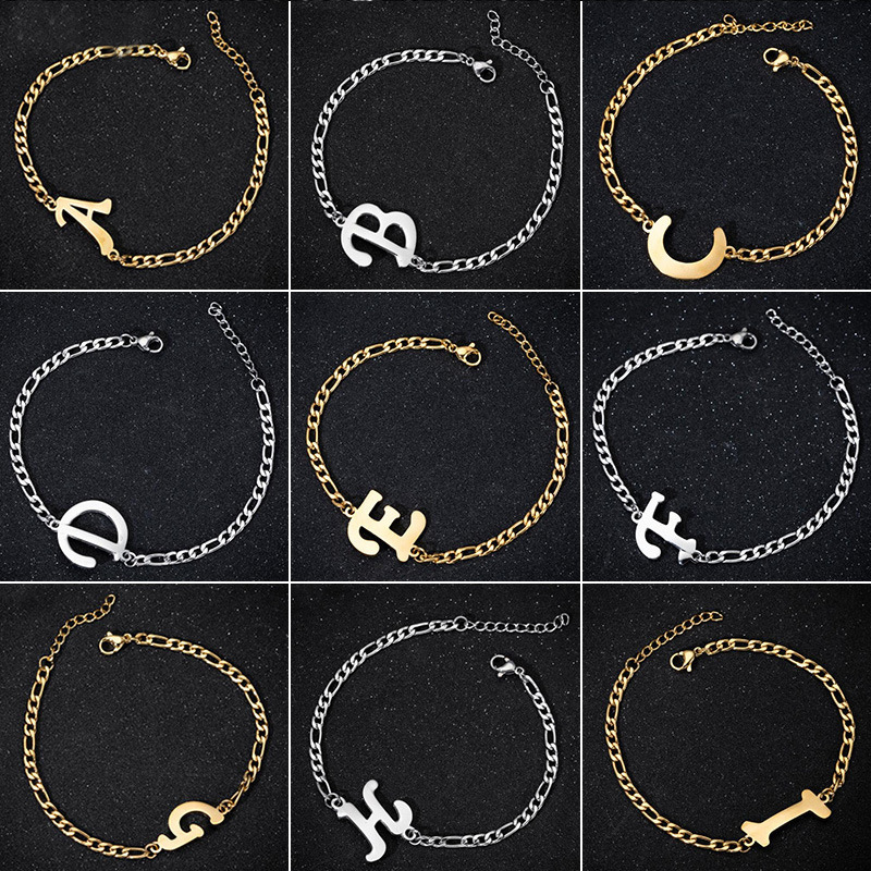 Stainless Steel Initial Bracelets Thick Chain Capital Letter Charm Bracelet for Girls Birthday Jewelry