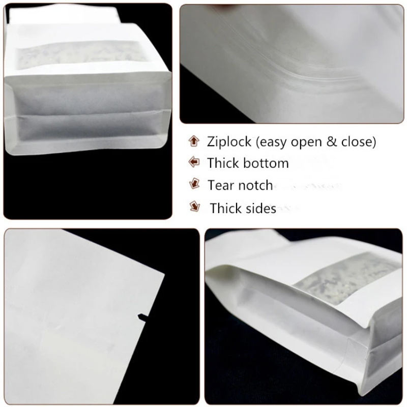 3d Branco Stand -Up Paper Janela Bolsas de embalagem Reutilizável Biscoitos de lanches selados, sabores de café de chá, sacos de armazenamento de nozes de açúcar, sacos de armazenamento doméstico