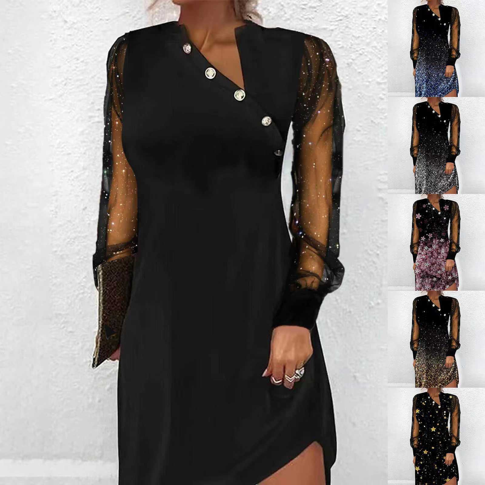 Party Dresses Spring/Summer 2023 New Button Mesh Stitching Digital Printing Långärmad klänning T230303