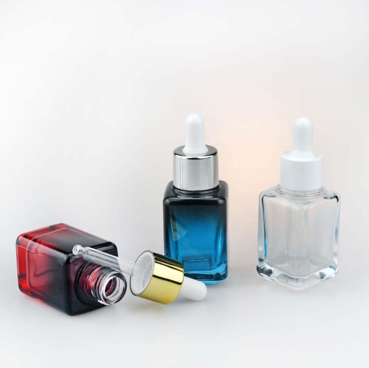 Square Glass Dropper Perfume Bottles Eye Droppers Bottle 30ml in Gradient Blue Red and Clear SN709